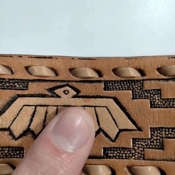 Justin Leather Belt Tooled Western Aztec Thunderbird Coachella Native American M - Picture 5 of 8